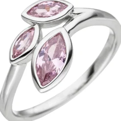 Ring 3 spitz-ovale Blätter mit rosa Zirkonia 925 Silber Fingerschmuck Damen