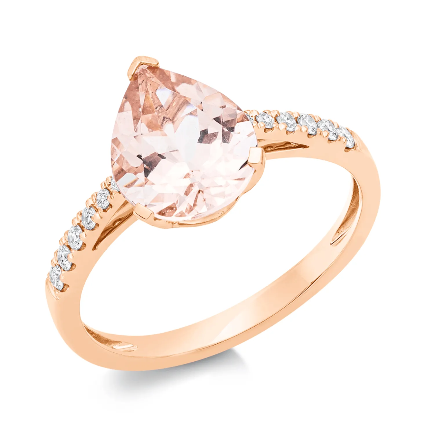 Ring Tropfen 750 Rotgold Morganit 2,2ct rosa 12 Brillanten 0,14ct TW-SI B:10,2mm