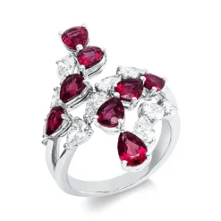 Ring 750 Weißgold 8 Rubine 3,06ct rot 10 Diamanten Tropfen-Schliff 1,4ct F-VVS/VS