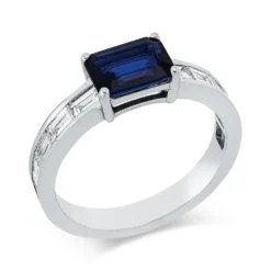 Ring 750 Weißgold Saphir 1,36ct blau 10 Diamanten Baguette-Schliff 0,79ct F-VSI