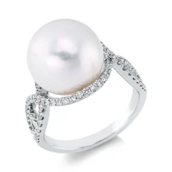 Ring 750 Weißgold Süßwasser-Perle 12,1mm weiß 68 Brillanten 0,5ct F-SI B:14,6mm