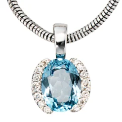 Schmuck Anhänger 8,9x13,3mm 585 Weißgold Blautopas & 14 Diamanten 0.09Ct