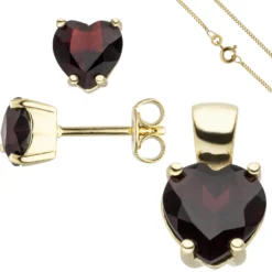 Schmuck-Set aus 333 Gold Gelbgold Granat-Herzen Ohrstecker Anhänger Kette 42cm