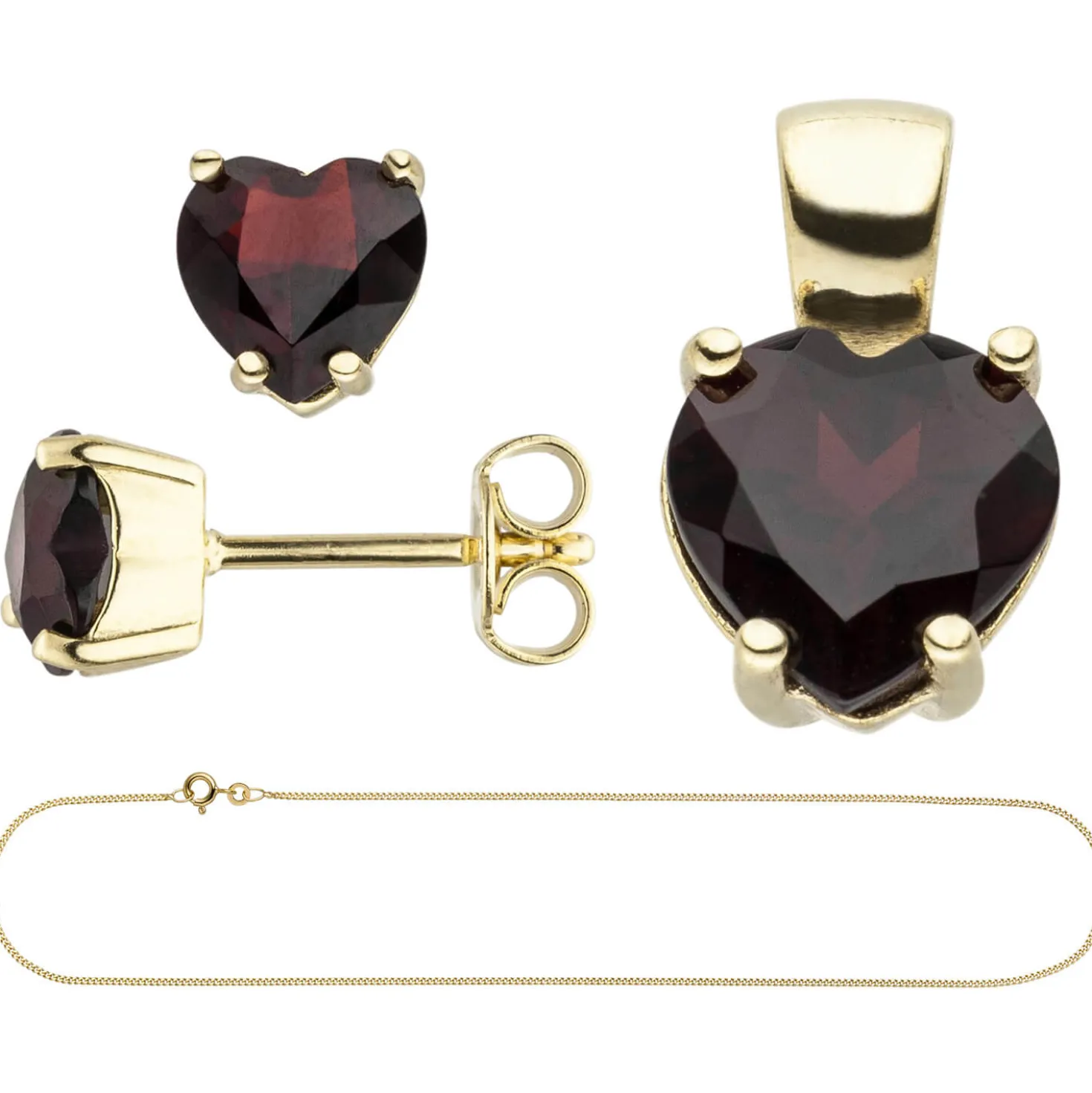 Schmuck-Set aus 333 Gold Gelbgold Granat-Herzen Ohrstecker Anhänger Kette 45cm