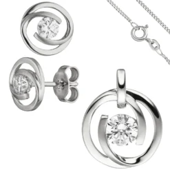 Schmuck-Set aus 333 Gold Weißgold 3 Zirkonia Ohrringe Anhänger und Kette 42cm