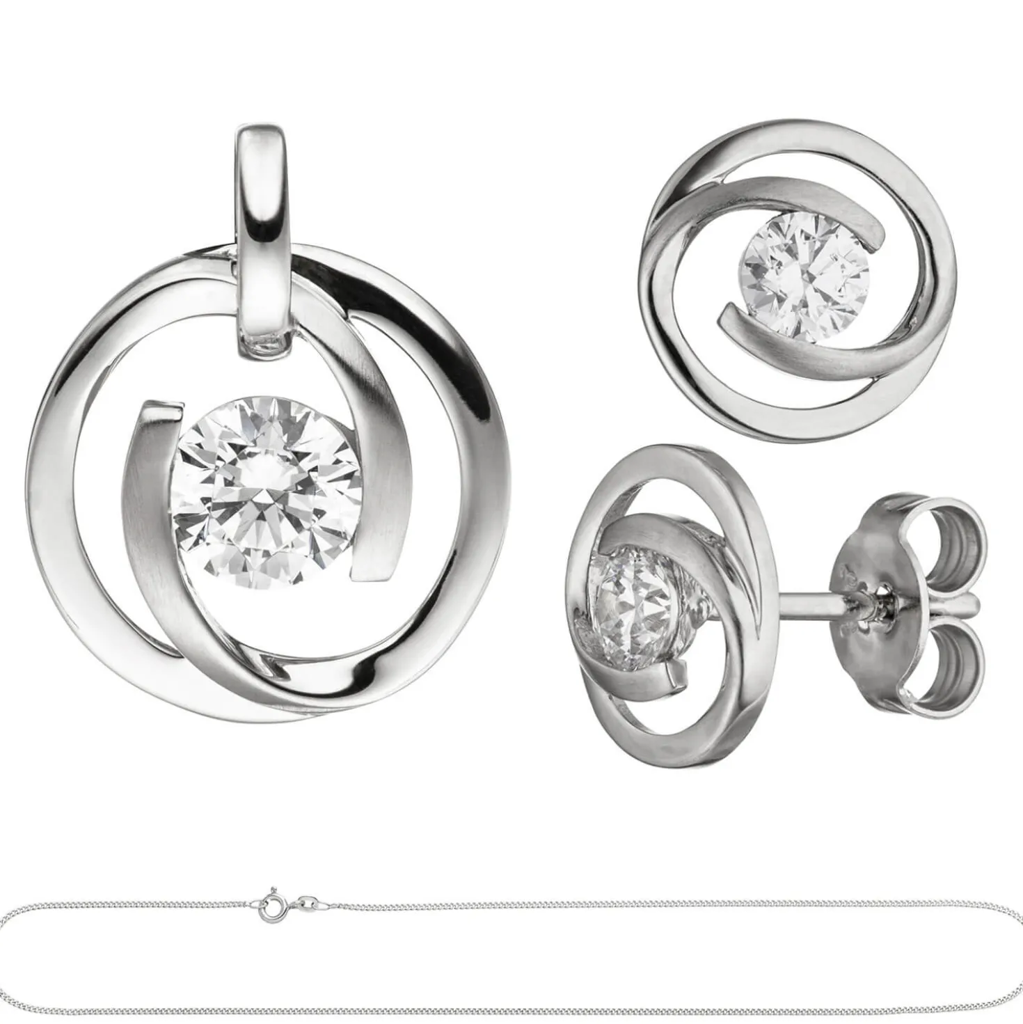 Schmuck-Set aus 333 Gold Weißgold 3 Zirkonia Ohrringe Anhänger und Kette 42cm