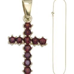 Schmuck-Set, Kreuz mit roten Granaten 1,3mm Panzerkette 333 Gold Gelbgold, 45cm
