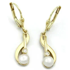 Schöne Ohrhänger 30x6mm Ohrringe Brisur aus 375 Gelbgold & Süßwasser-Perlen