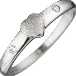 Silberring, Herz Herzchen mit weißen Zirkonia, 925 Silber teilmatt, Kinder