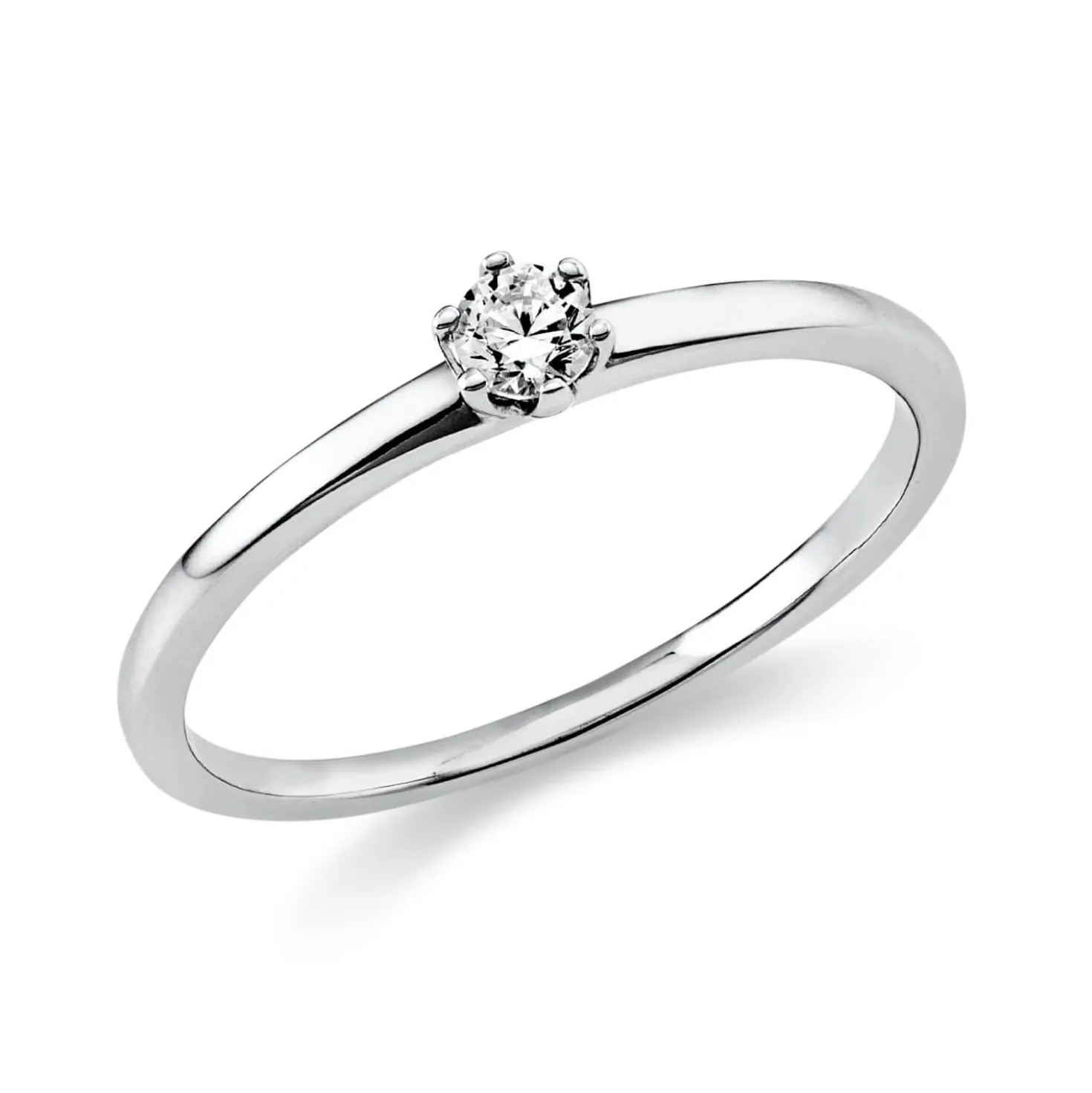 Solitaire Ring aus 750 Gold Weißgold Brillant 0,1ct TW-SI B:1,4mm 6er-Krappe