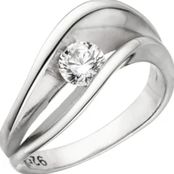 Solitaire Ring aus 925 Silber mit Zirkonia weiß Fingerring gewellt rhodiniert