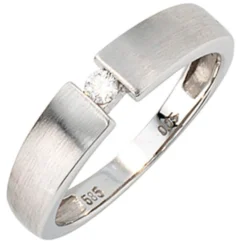 Solitär Spannring Ring Diamant Brillant 0,05 Ct W/P1 585 Gold Weißgold mattiert