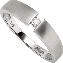 Solitär Spannring Ring Diamant Brillant 0,05 Ct W/P1 585 Gold Weißgold mattiert